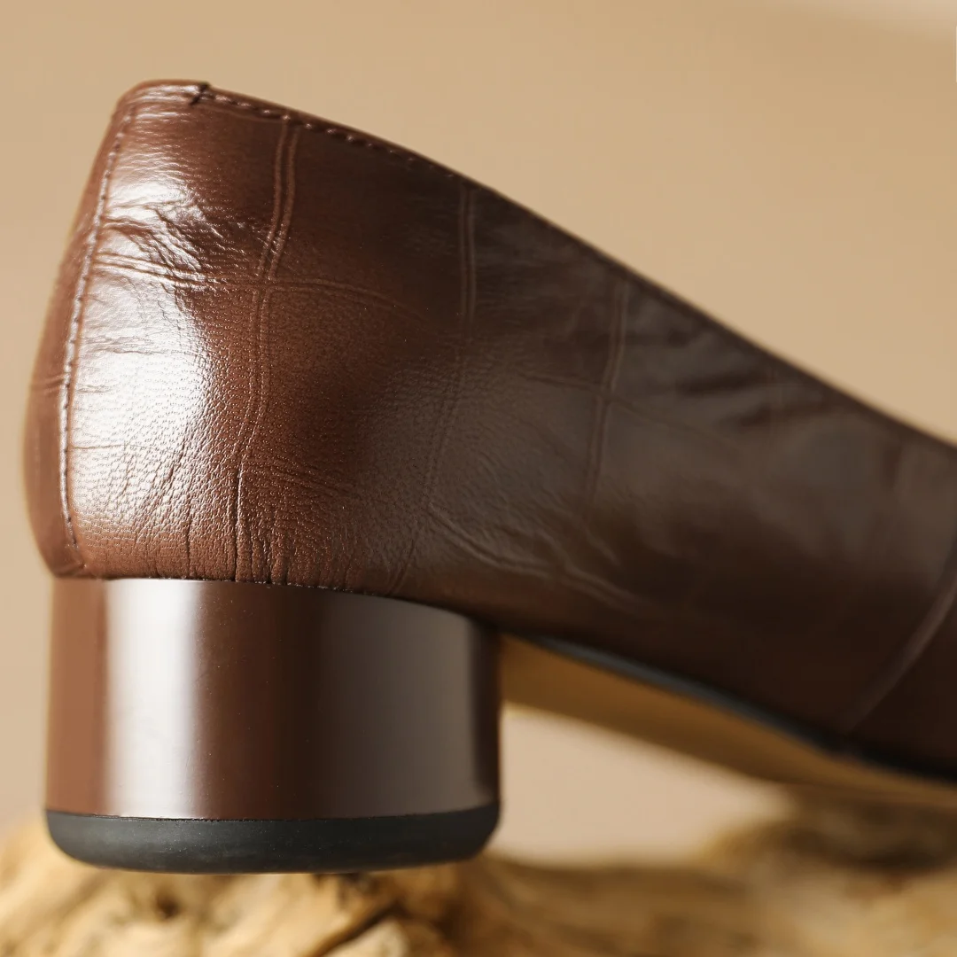 Women's sheepskin round toe metal buckle slip-on pumps 3cm thick low heel elegant ladies Ol style daily slim dress heels shoes view 4