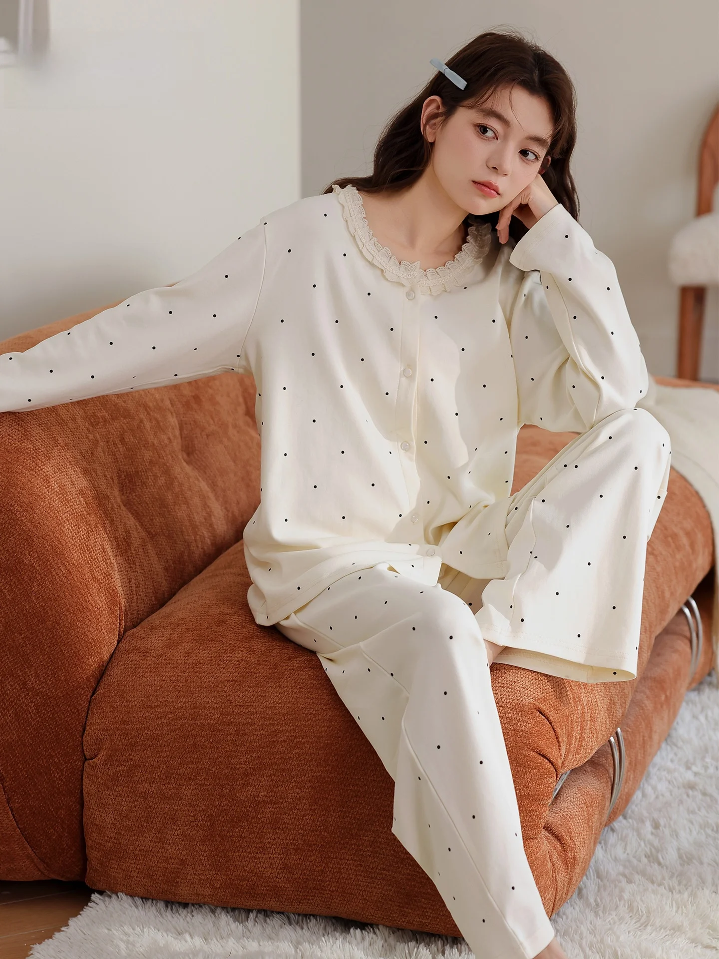 Pure Cotton Sleepwear V-Neck Set Women's Spring Autumn Home Clothes Comfortable Soft Long Sleeve Long Pants Casual Style