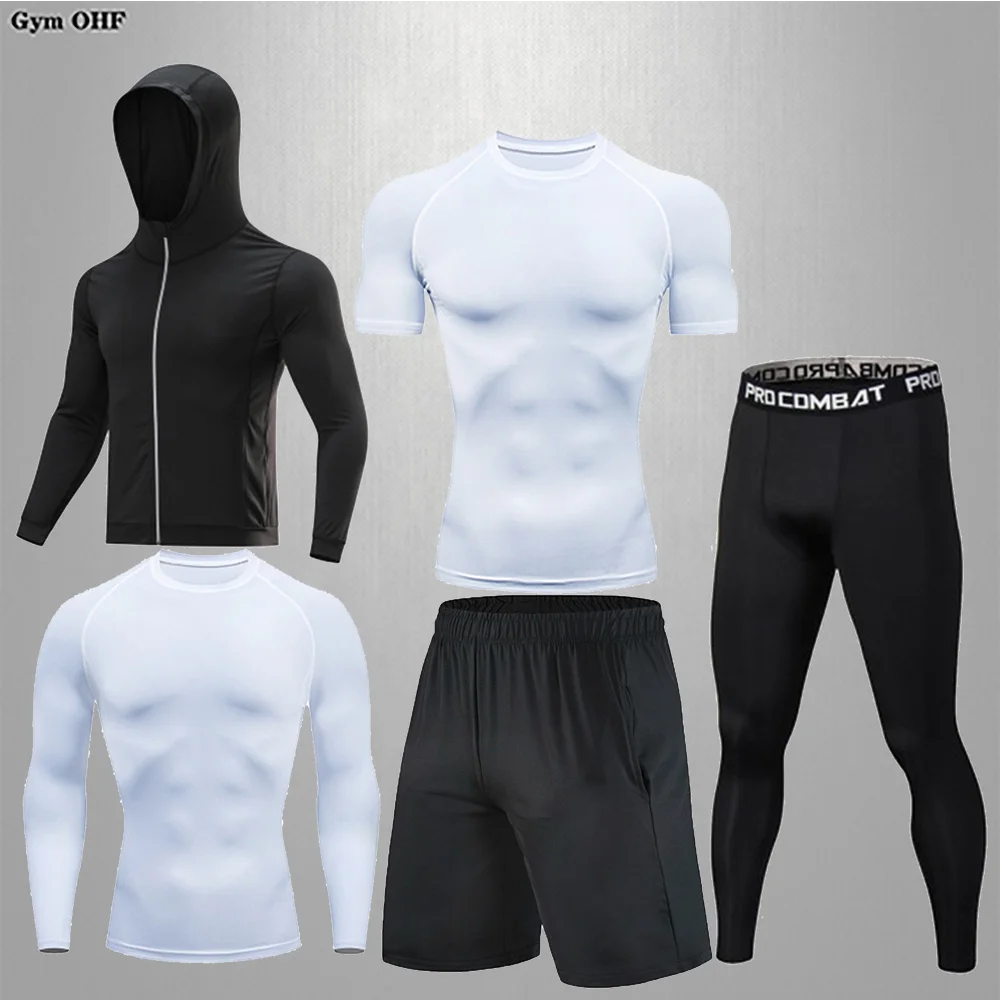 Men's Set High Bounce Speed Dry Solid Color Tights Fitting T-shirt Five Pieces Sets Sports Professional Training Running GYM MMA