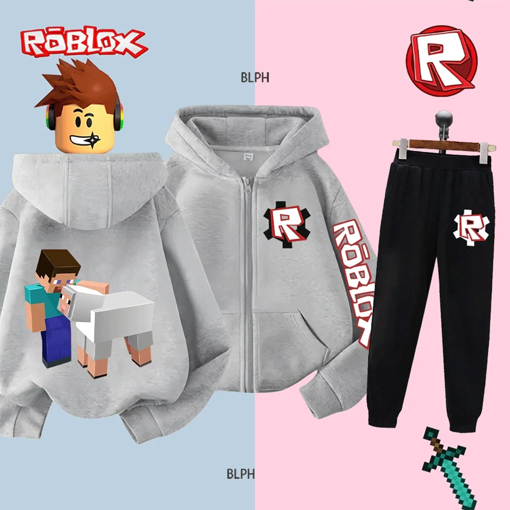 Roblox Minecraft estilo niños conjunto con capucha niños niñas personaje de dibujos animados sudadera con pantalones niños ropa Casual traje