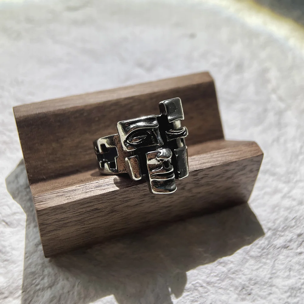 Men's Retro Silver Punk Gothic Face Ring, Statement