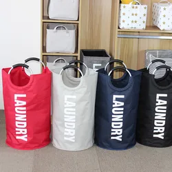 Home Large Capacity Clothes Storage Bag Oxford Cloth Double Laundry Bag Round Aluminum Handle Dirty Clothes Basket