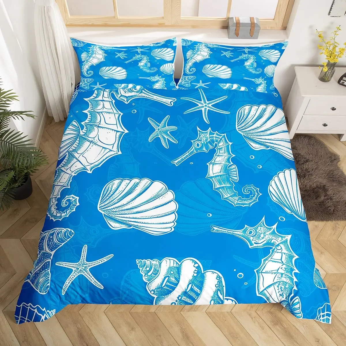 Coastal Duvet Cover Set Twin Queen Nautical Beach Bedding Set for Young Child Cartoon Starfish Seaweed Seashell Comforter Cover