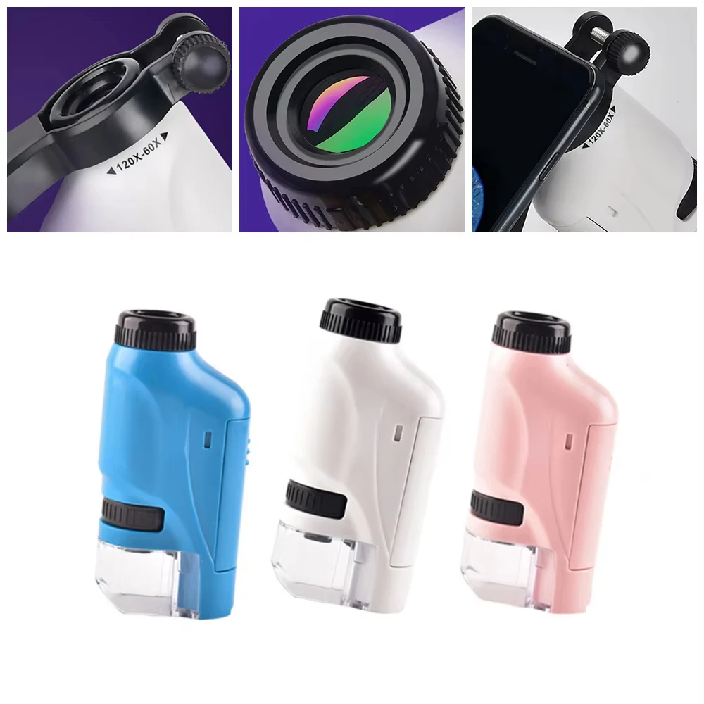 Mini Pocket Lab Kit microscopio portatile Zoom regolabile 60-120x Luce LED Bambini Strumento scientifico biologico ottico Giocattolo STEM portatile