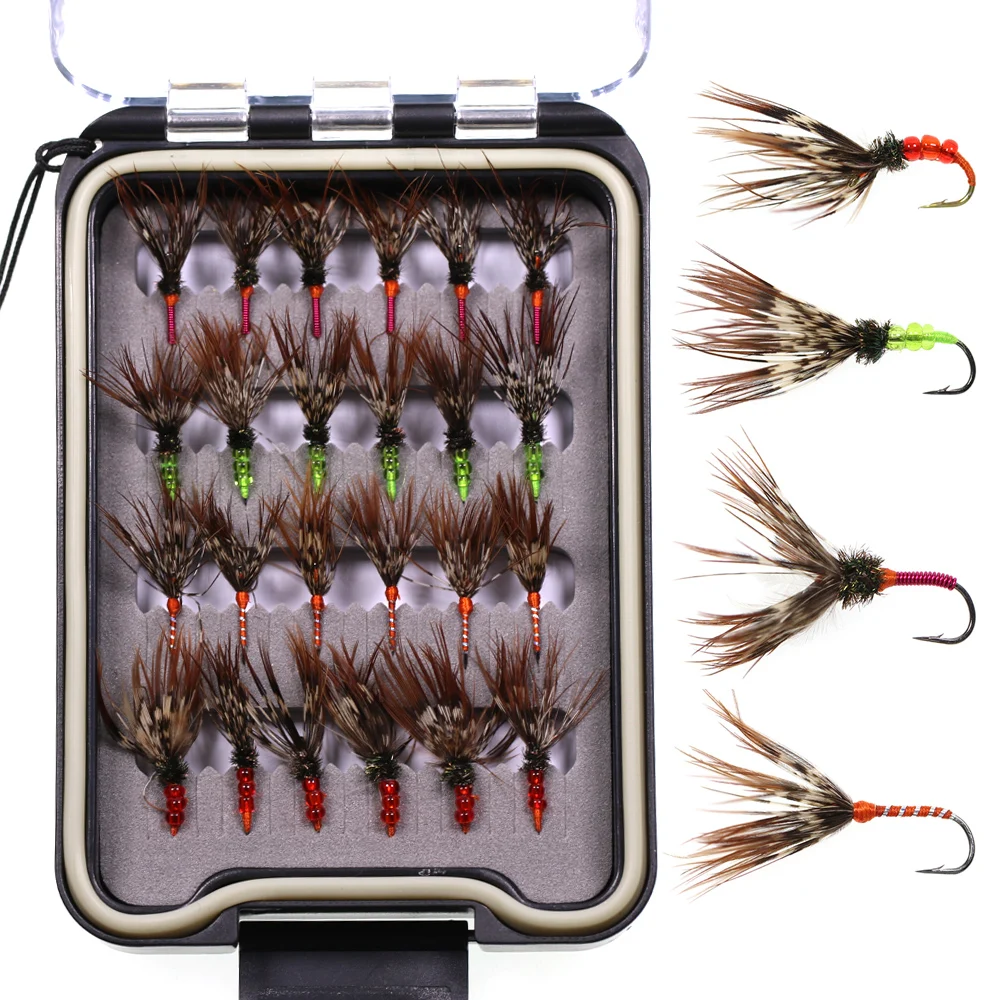 

Набор из 24 рыболовных мушек Tenkara: Sakasa, Kebari, для ловли форели, стальной форели, серого лосося. Плавающие приманки в водонепроницаемой коробке. # 12