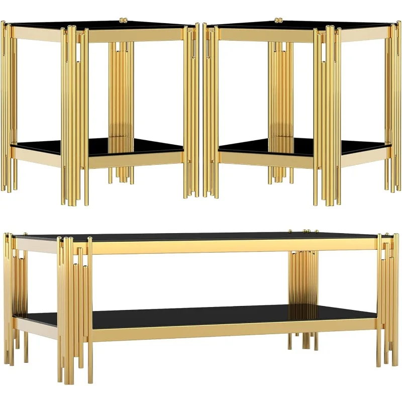 

Gold 2-Tier Black Tempered Glass Coffee Table And 2 End Table Set Stainless Steel Frame, 3 Piece Living Room Table Set