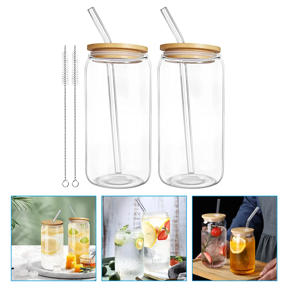 

2 set Glass Juice Cup Bamboo Lid Clear Water Bottle For Coffee Tea Iced Drinks Portable Household Lemon Water Cup