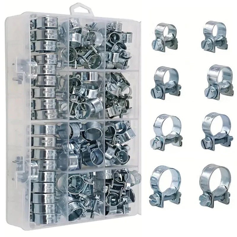 120pcs 7-18mm Mini Clamp Fuel Injection Hose Air Hose Clamps Assortment Kit Diesel Petrol Metal Pipe Clips Assorted Kit