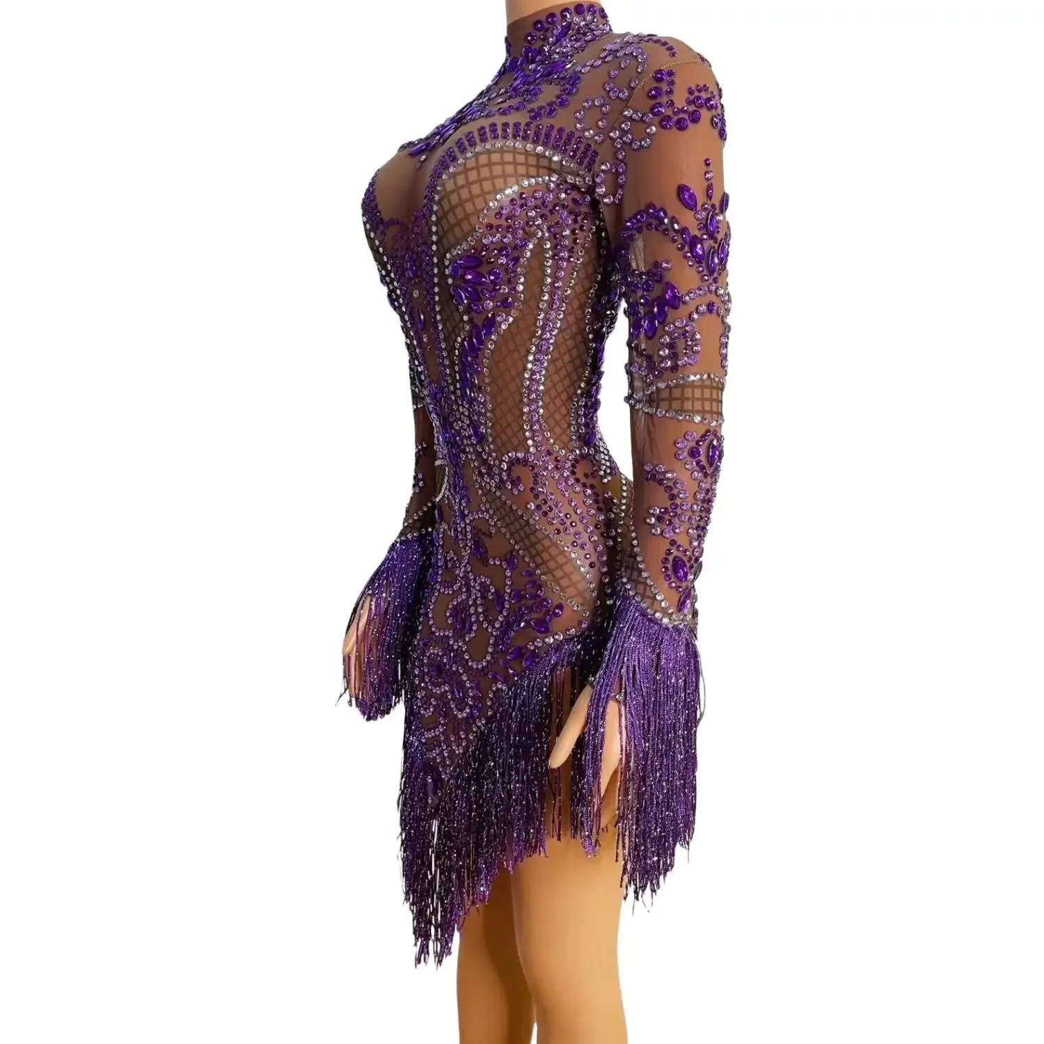 女性のための短い紫色のタッセル付きのきらびやかなドレス,セクシーなイブニングドレス,誕生日パーティー,ダイヤモンドショー,写真撮影