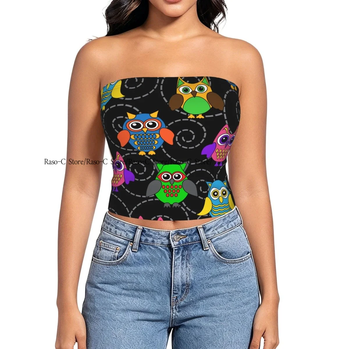 Women Block Crop Slim Tube Top Curls And Cartoon Owls Strapless Top For Summer Female Clothing