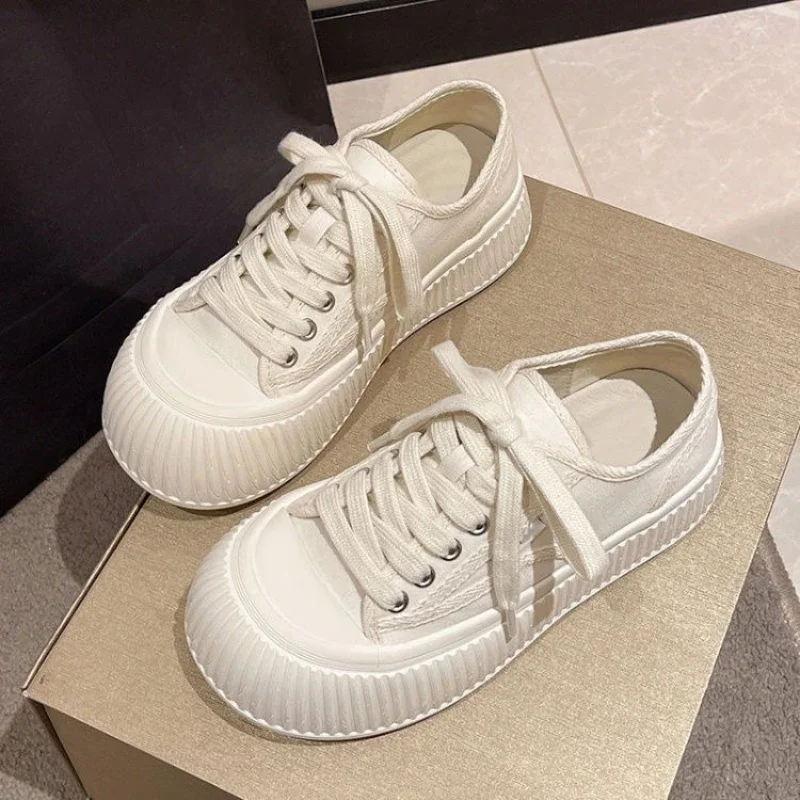 

Round Toe Thick Bottom White Sneakers Women's Ins Trendy Canvas Shoes Warm Winter Casual Footwear​