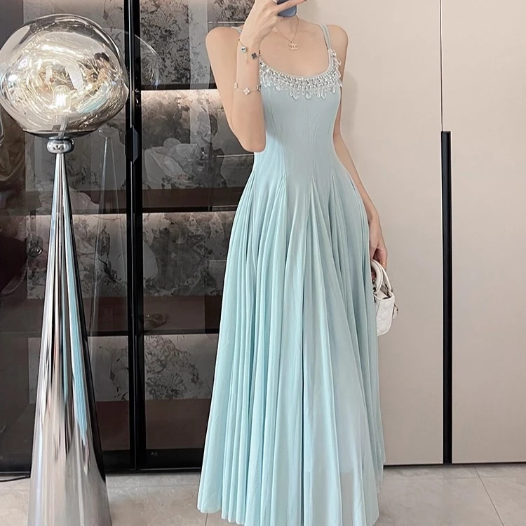 アプリコット V ネックストラップドレス女性ルーズスタイル夏休みヴィンテージエレガント Vestidos ボディコンシックな布女性