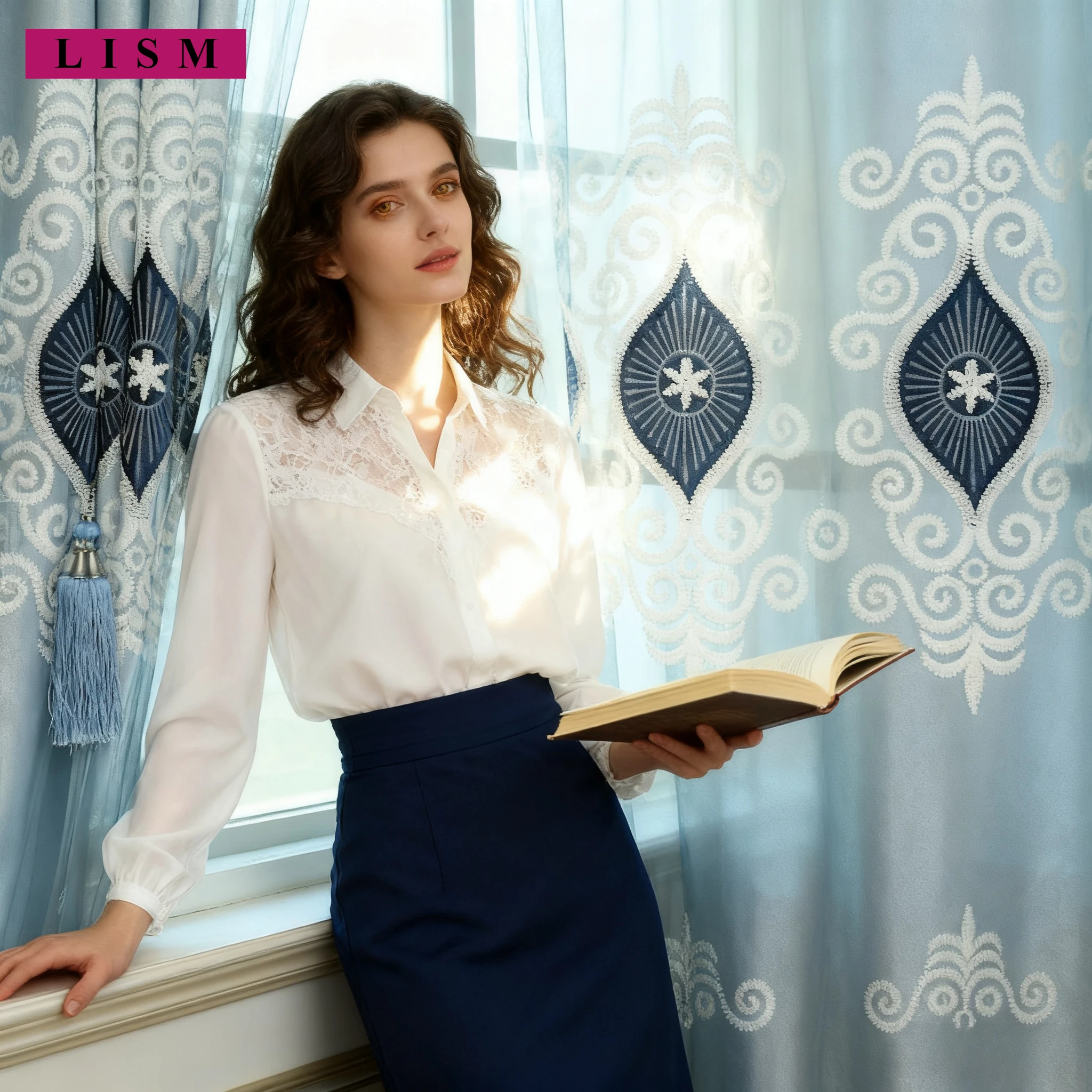 

Light Luxury Embroidered Curtains for Living Room Bedroom Chenille European Jacquard Window Blackout Decor Custom Blue Tulle