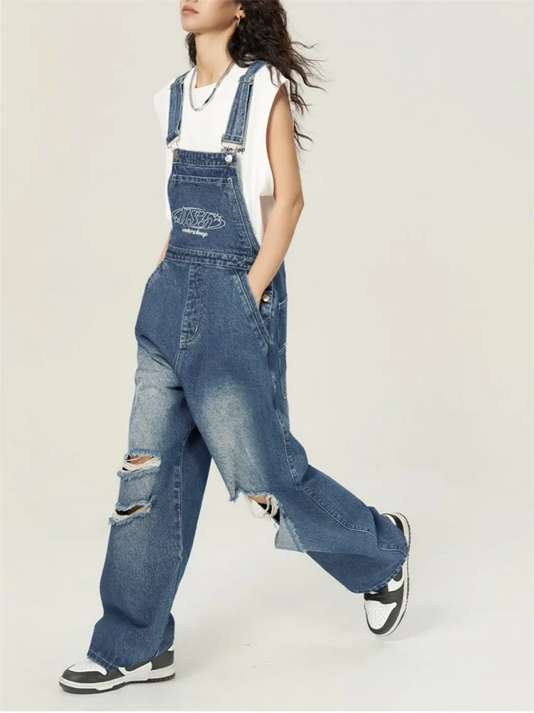 Women's Vintage Blue Hole Overalls Casual Streetwear Fashion Sweet Girl Wide Leg Pants Female Baggy Rompers Straight Trouser