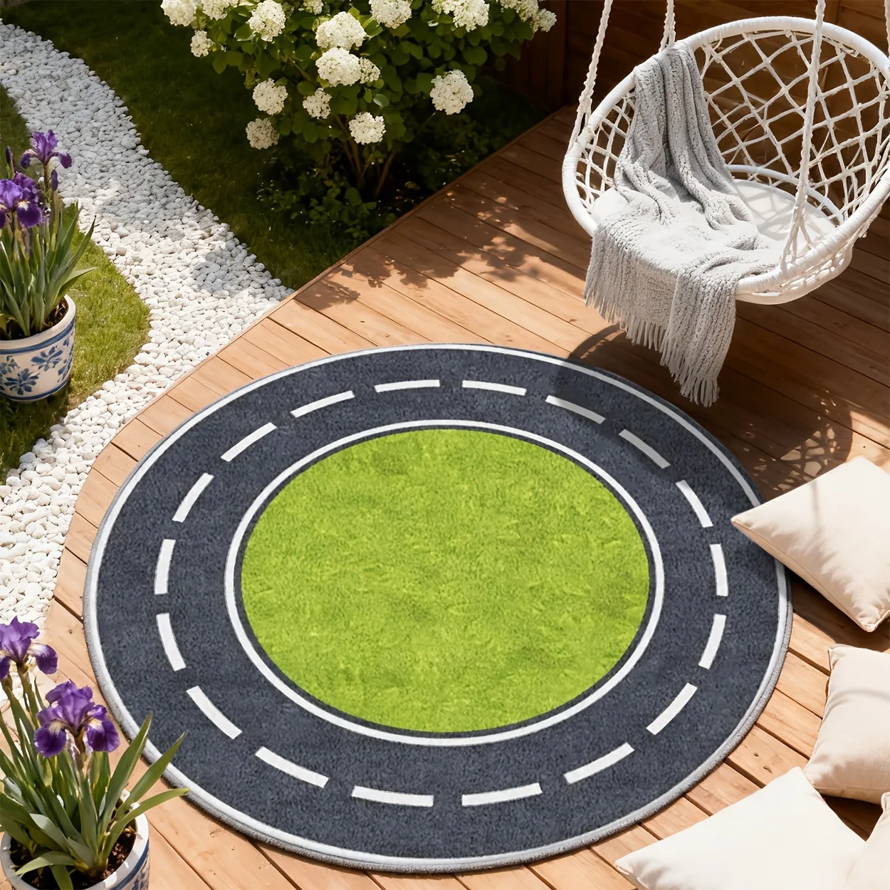 1pc Green‑Grey Circular‑Pattern Printed Round Area Rug, Versatile Outdoor Floor Mat for Balcony, Patio, Garden & Multi‑Scene