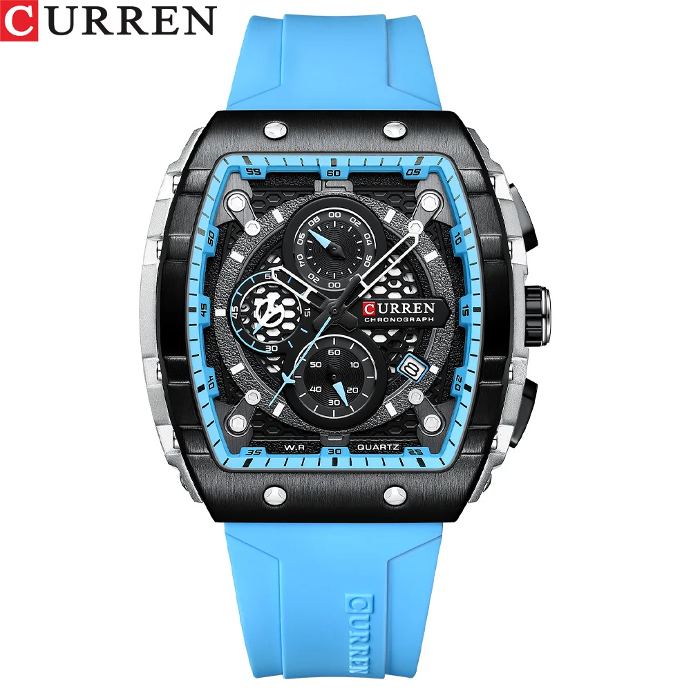 CURREN 8442 Quartz Watch Creative Cool Men Clock Outdoors Silicone Strap Date Chronograph Analog Display Wrist Watches for Men