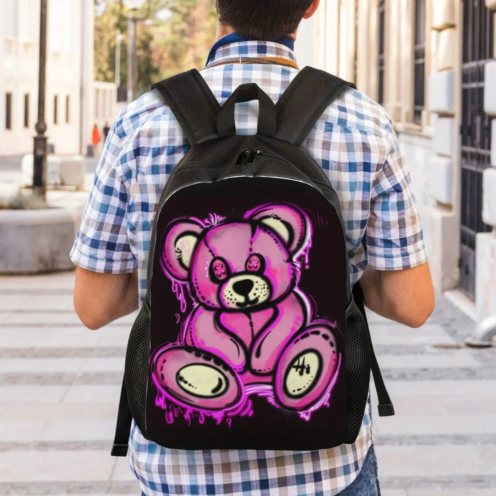 Fashion Graffiti Bear Print Backpack - Durable Street Style Student School Bag