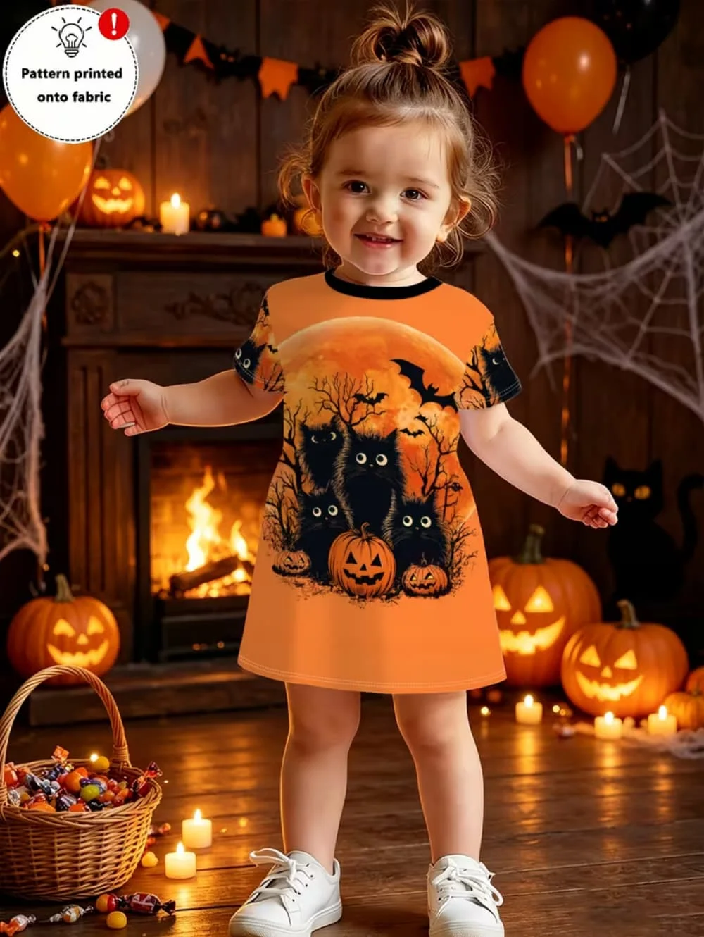 Dress for Girls Halloween Cartoon Pumpkin Printed Short Sleeve Dress Summer Loose Casual Dress Round Neck Hot Sale Girl Clothes