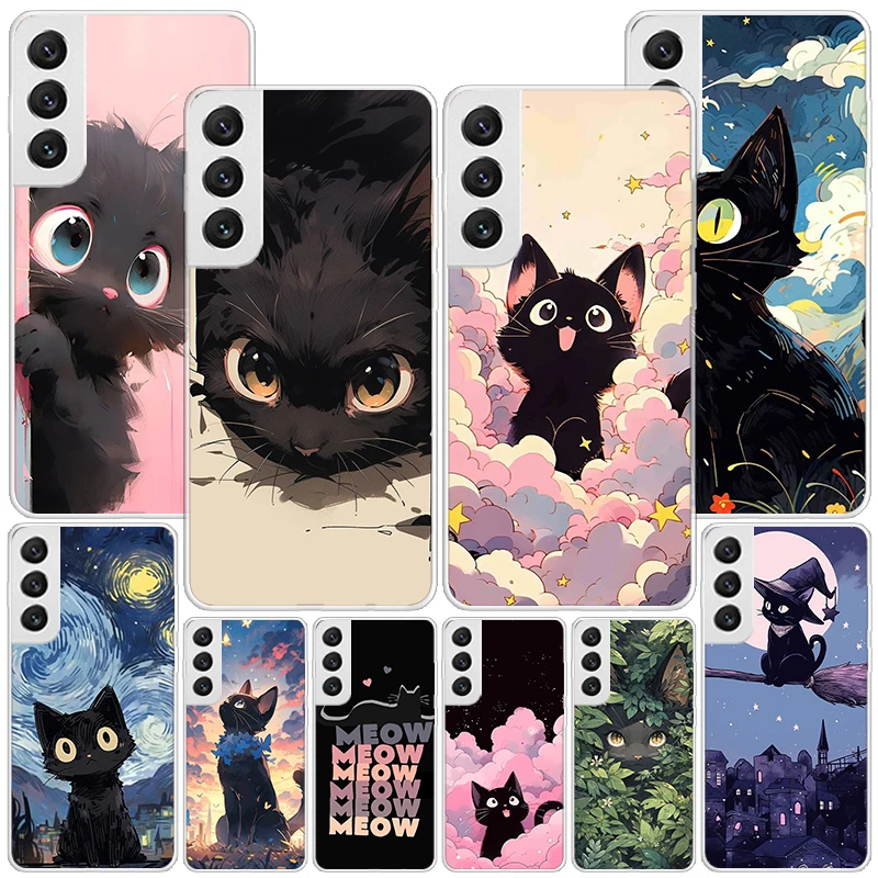 Anime Cute Black Cat Meow Phnoe Case for Samsung Galaxy S23 S24 Ultra S22 Plus S21 S20 FE S10E S10 S9 S8 + Unique Cover Coque