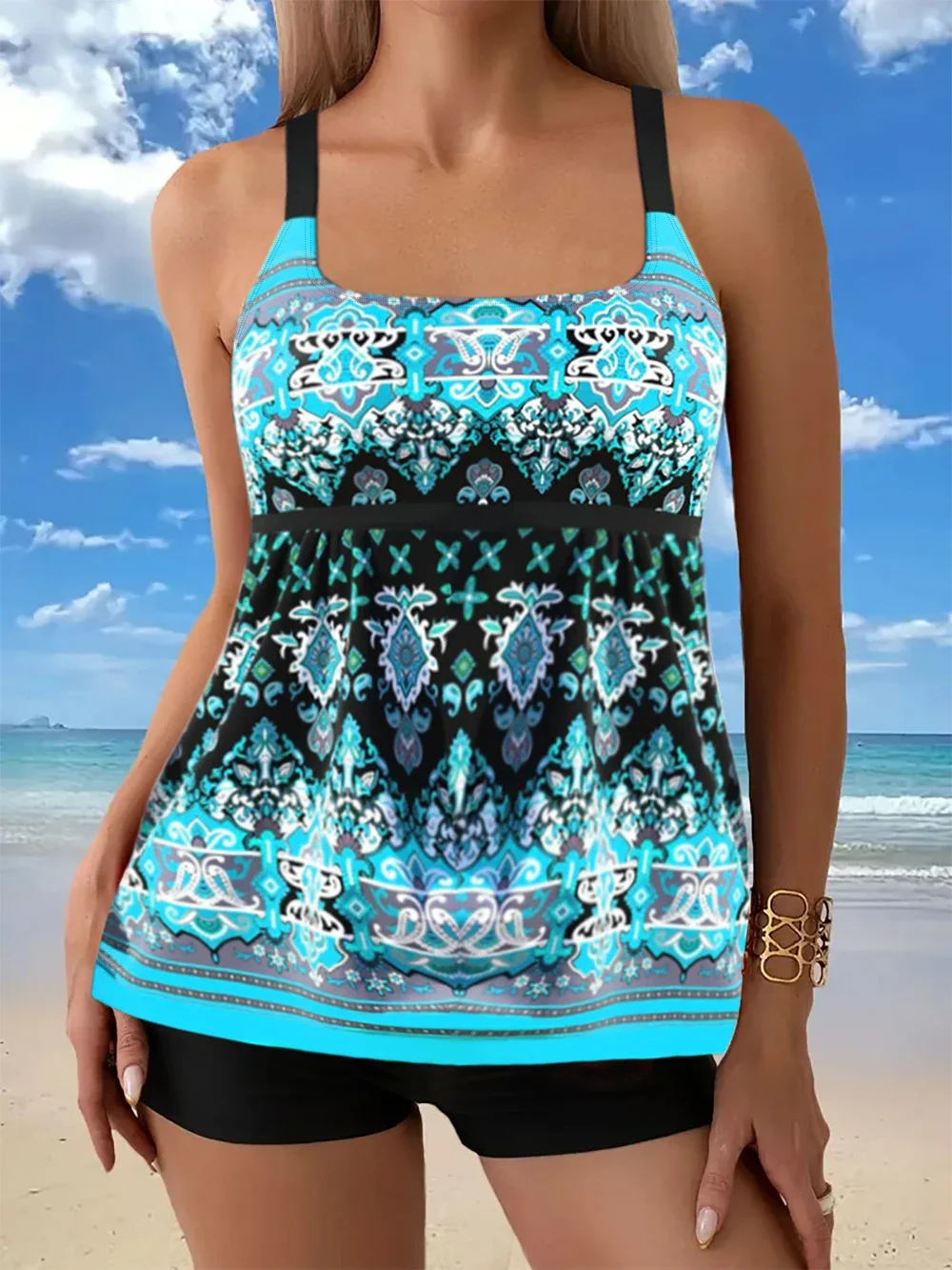 Floral Pattern 2 Piece Set Tankini, Skirted Style with Boyshorts Swimsuits, Women's Swimwear & Clothing Summer Sexy Bikini