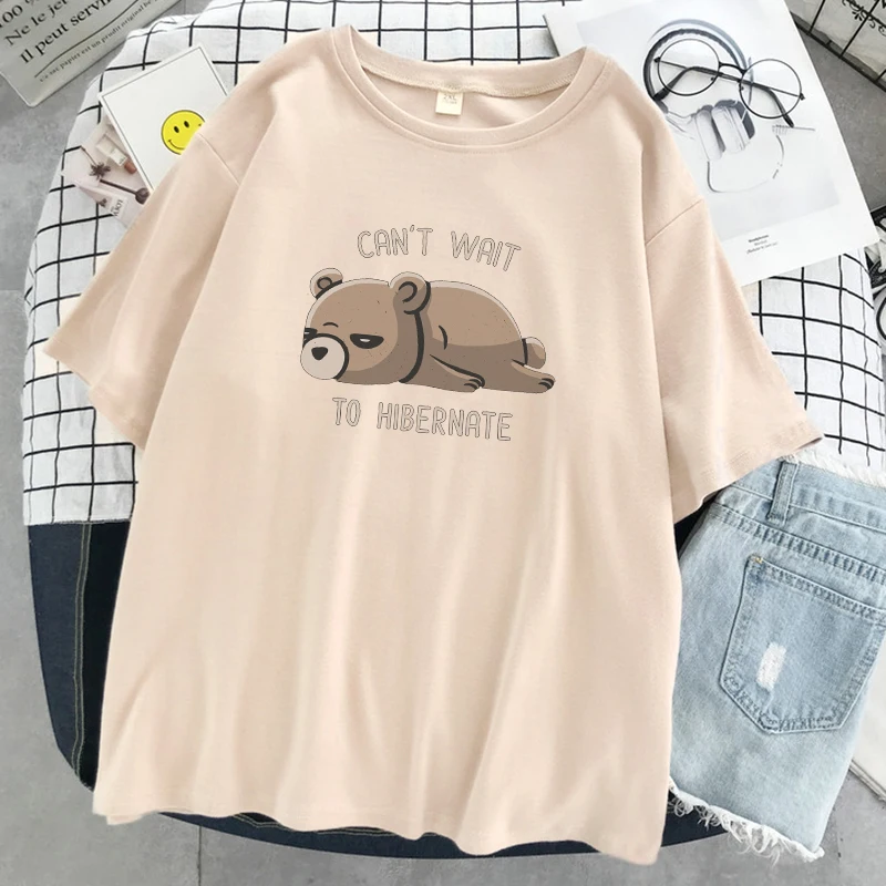 Harajuku Style Clothing T Shirt Woman Soft Breathable Tshirt Can't Wait To Hibernate Cartoon Female Printed T-Shirt