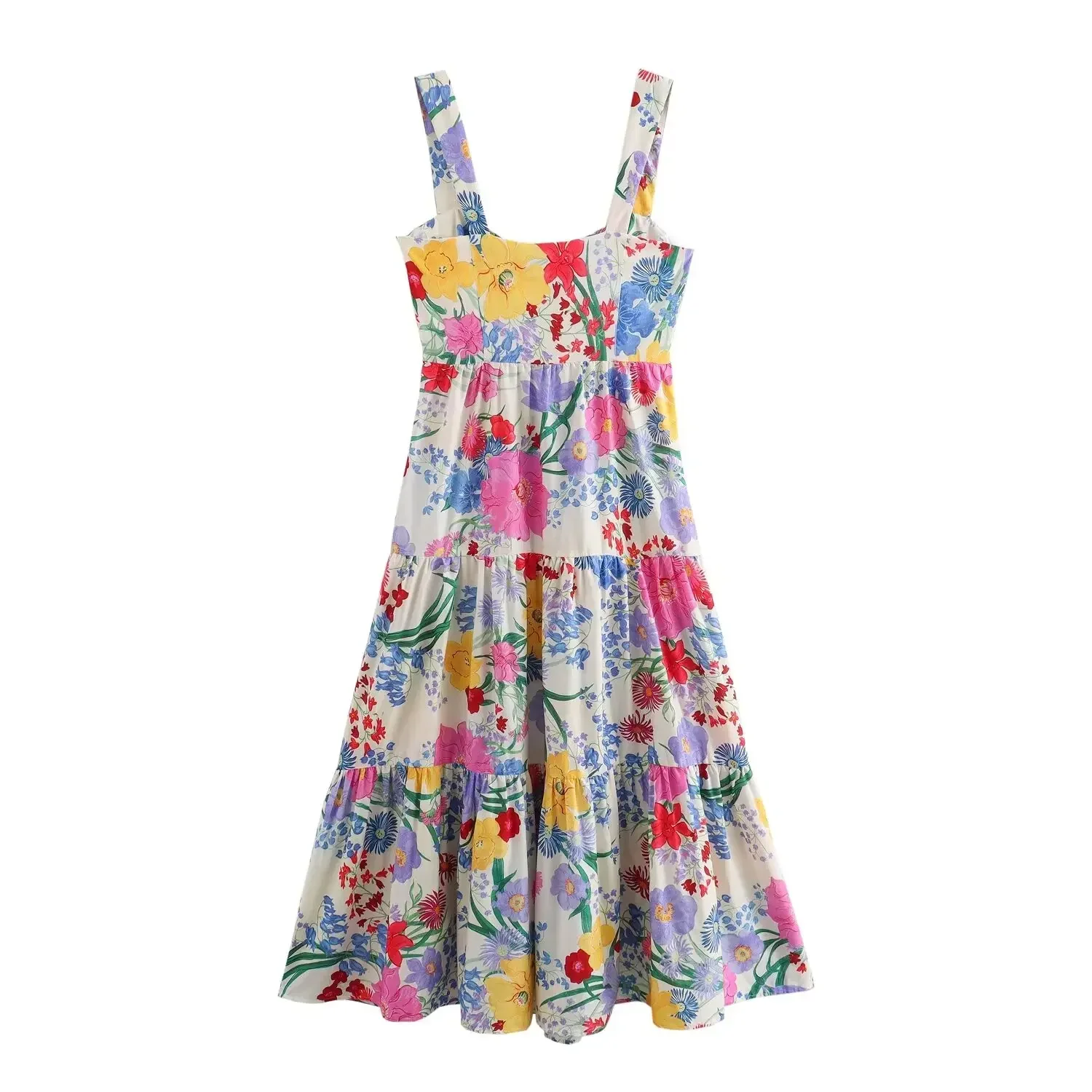 Vestido Midi Retro sin mangas con tirantes anchos para Mujer, estampado de flores, decoración, ajuste Delgado, Espalda descubierta, verano, nueva moda