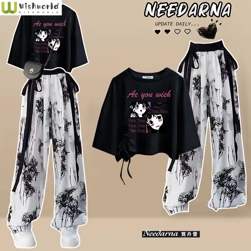 

Spring/Summer Set Female Student Korean Loose Design Short Sleeve T-shirt+Ink Print Wide Leg Pants Two Piece Set