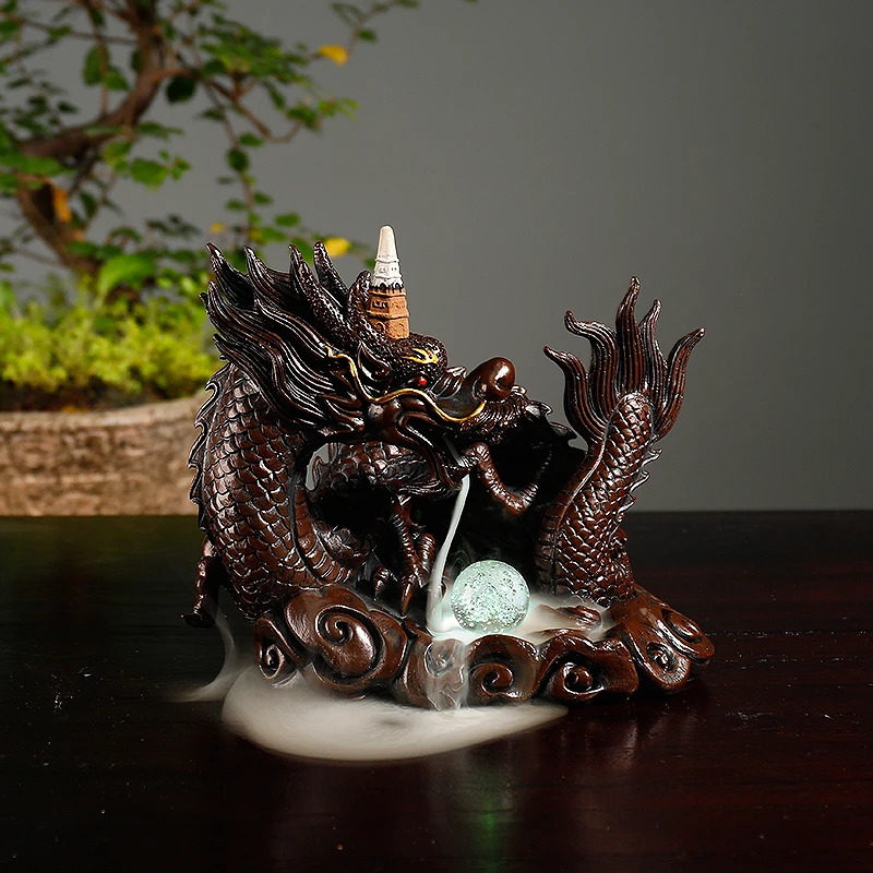 Handmade Craft Decorations Resin Imitation Wood Carving Chinese Dragon Buddha Incense With Led Light Home Lucky Feng Shui