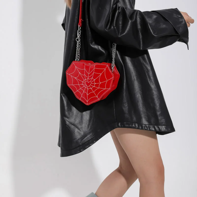 Newly Gothic Mini Leather Shoulder Bag Women Novelty Heart Shape Spider Web Crossbody Bag Female Punk Red Shopper Handbag