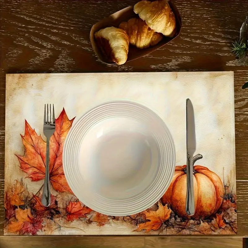 VIKAMA Vintage Fall Placemats Pumpkin Maple Leaf Linen Table Mats for Thanksgiving Autumn Harvest Dining Table Decoration