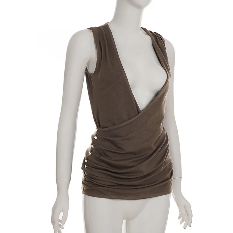 SKMY New Sweet Cool Sexy Spicy Girl Deep V-Neck Knitted Strap Sleeveless Dress Y2k Clothes Women Retro Folded Short Dresses