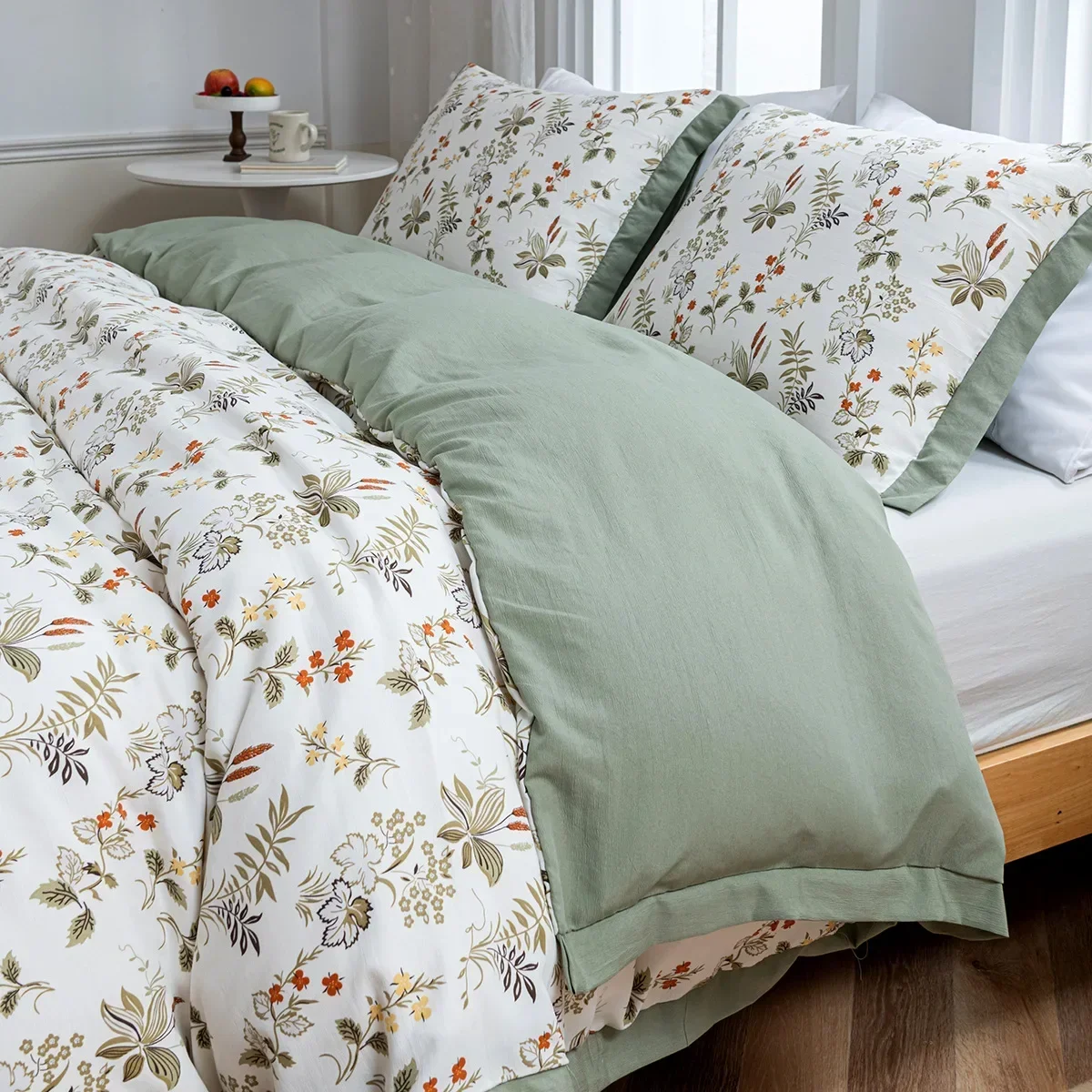 Vintage Rustic Style Duvet Cover Set Queen Size Washed Cotton and Linen Bedding 3 Pieces Set Floral Duvet Cover Sets King Size