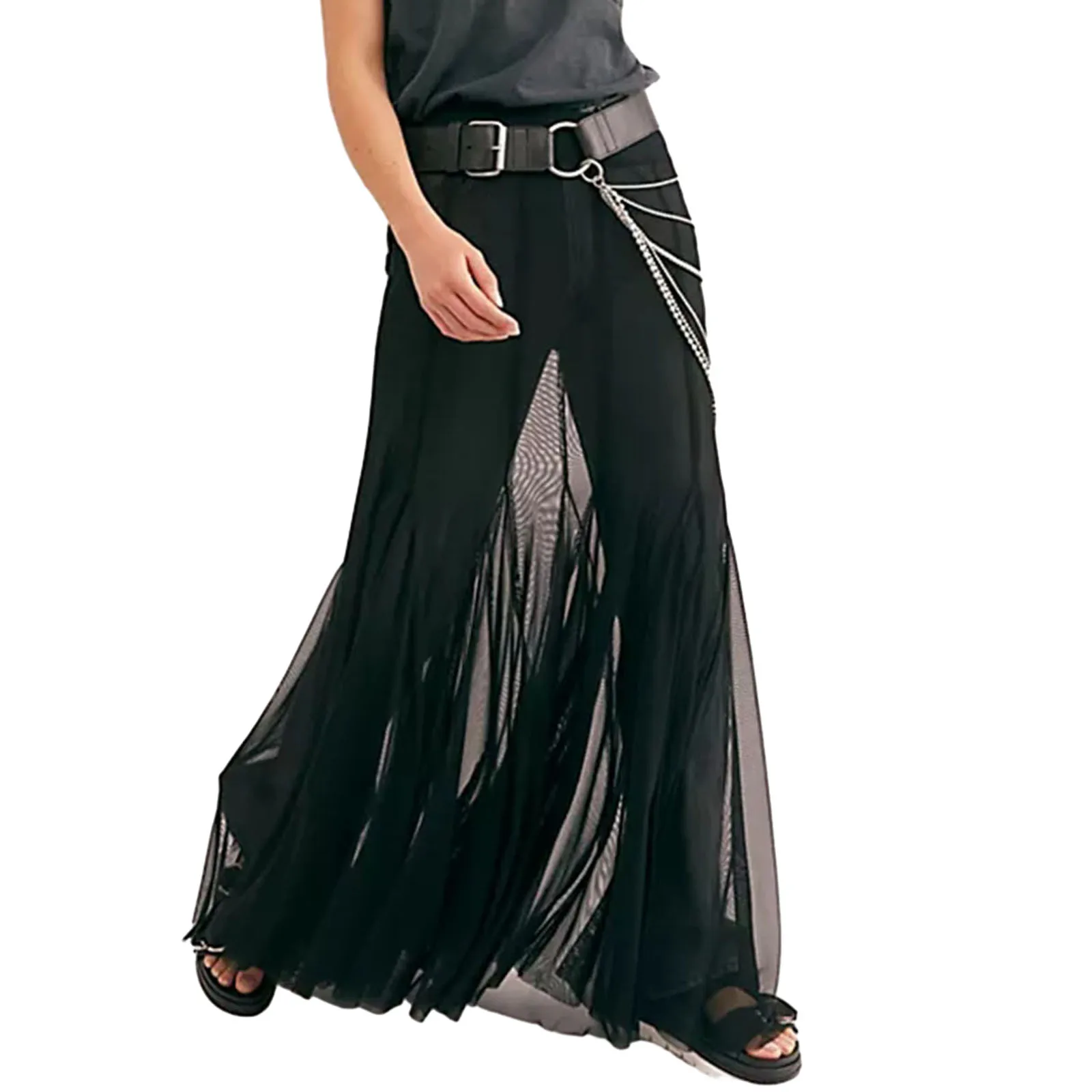 

Women's Sheer Mesh Long Skirts Elastic Waistband Ruffle Hem Flowy Skirts Summer Y2k See-through A-line Skirts Clubwear