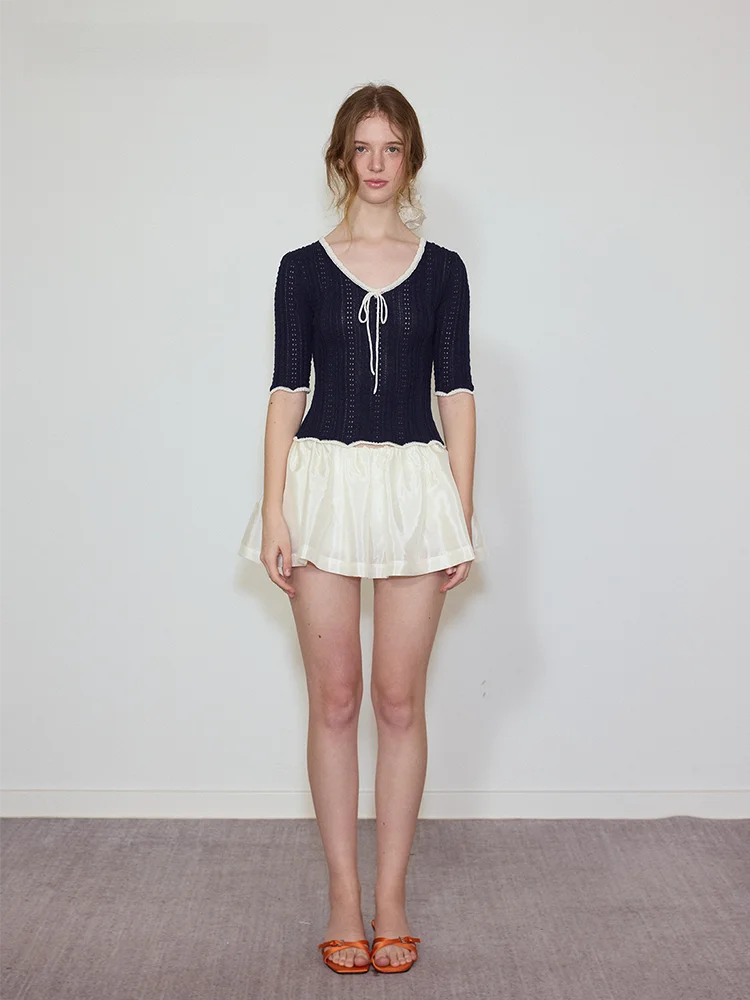 

Летний топ Moonmoi с узлами и цветными блоками, кружевной отделкой, миди-длина, повседневный крой, V-образный вырез, вязаный из смесового хлопка, модный