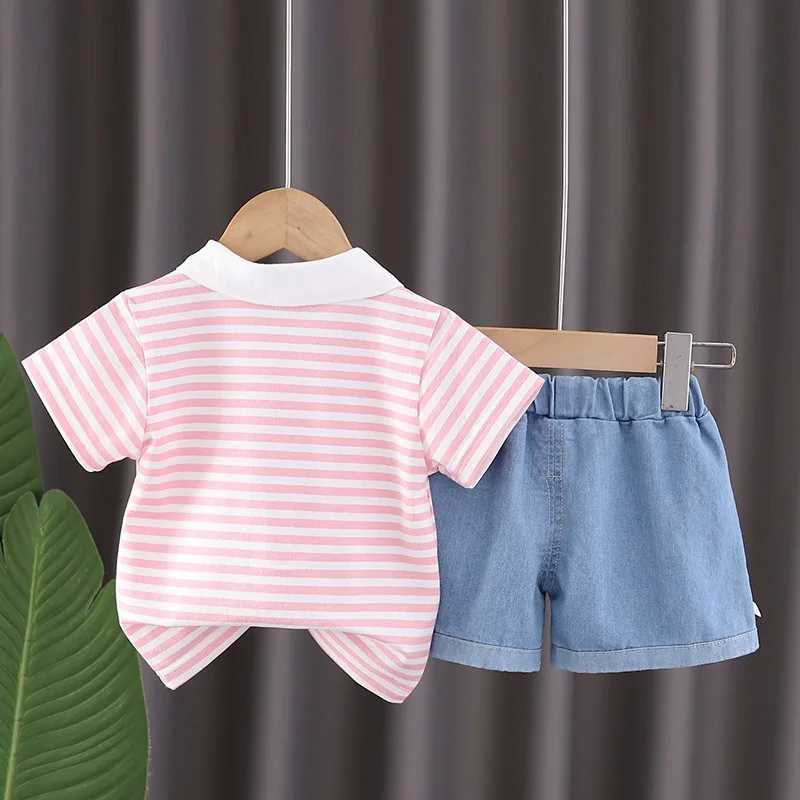 Kids Clothing 2024 Summer Baby Girl Clothes 2 To 3 Years Striped Turn-down Collar Short Sleeve T-shirts and Shorts Girls Suit