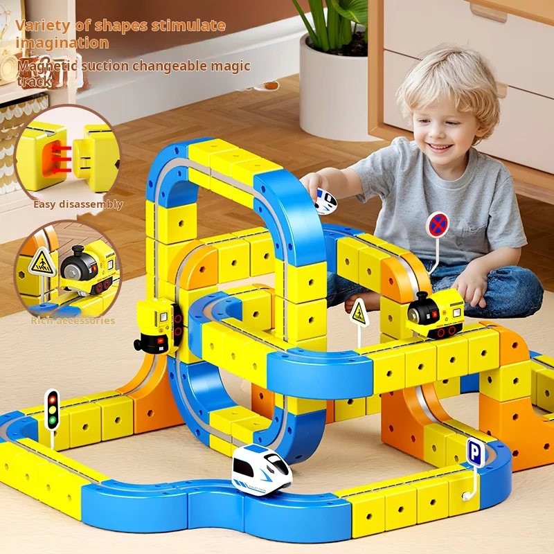 DIY montar juguetes de tren de pista magnética para niños, ferrocarril mágico electrónico, construcción de coches, juguete educativo para niños, regalo de Navidad