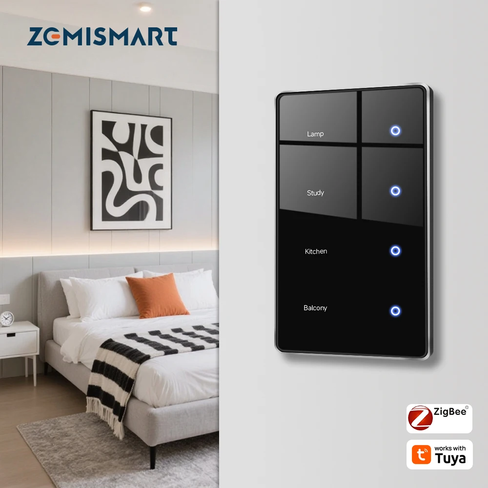 

Zemismart Zigbee Smart DIY Name Switch Black Panel Touch Light Switches US Type Neutral Required Works with Tuya Smart Life App