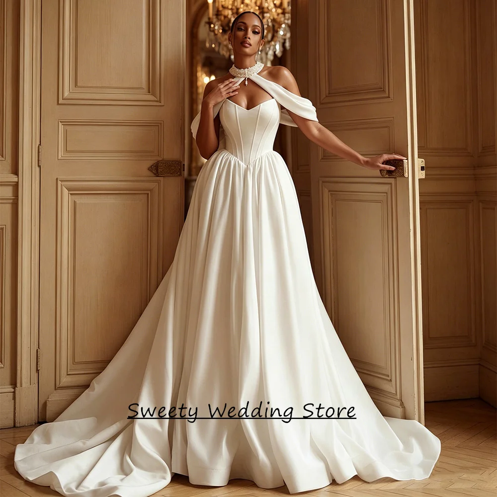 Vestido de Noiva Personalizado Sem Mangas com Decote Halter, Sexy, com Pérolas, Cauda Sereia, Corte em A, Corpete de Cetim - Vestido de Noiva