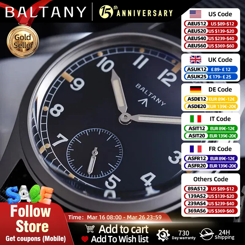 Baltany Dirty Dozine Vintage Horloge S2019 Kleine Secondenwijzer Quartz Move Super Lichtgevend 100M Waterdicht Mini 36mm Veldhorloge