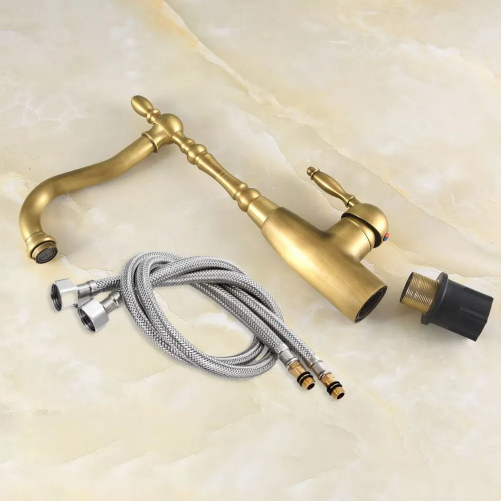 Antique Brass Kitchen Wet Bar Bathroom Vessel Sink Faucet Single Hole Swivel Spout Mixer Tap aan323