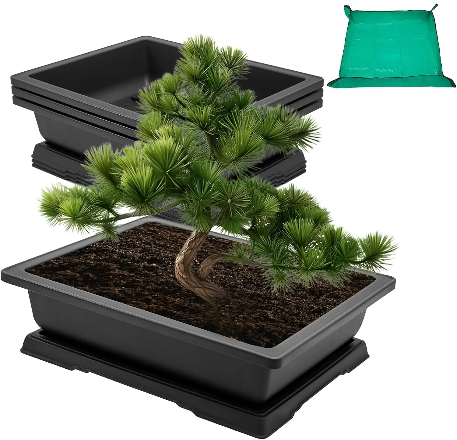 

3-Piece 18-Inch Bonsai Training Pot Set with Drainage Trays & Repotting Mat for Indoor/Outdoor Plants