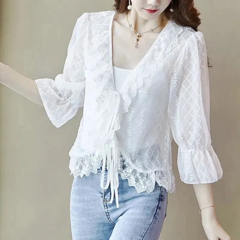 Temperament Jacket Embroidered Chiffon Shirt Women's Summer 2022 New Fashion V Neck Half Sleeve Small Shirt Loose Ladies Shawl