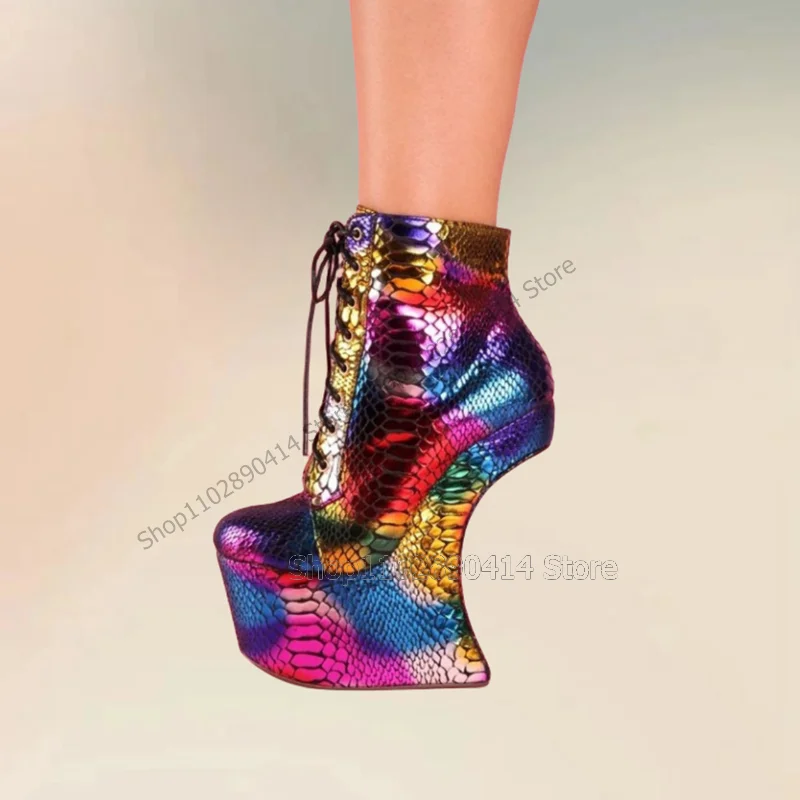 Colorful Alligator Print Strange Style Heels Ankle Boots Cross Tied Women Shoes Novel Fashion Banquet 2023 Zapatos Para Mujere