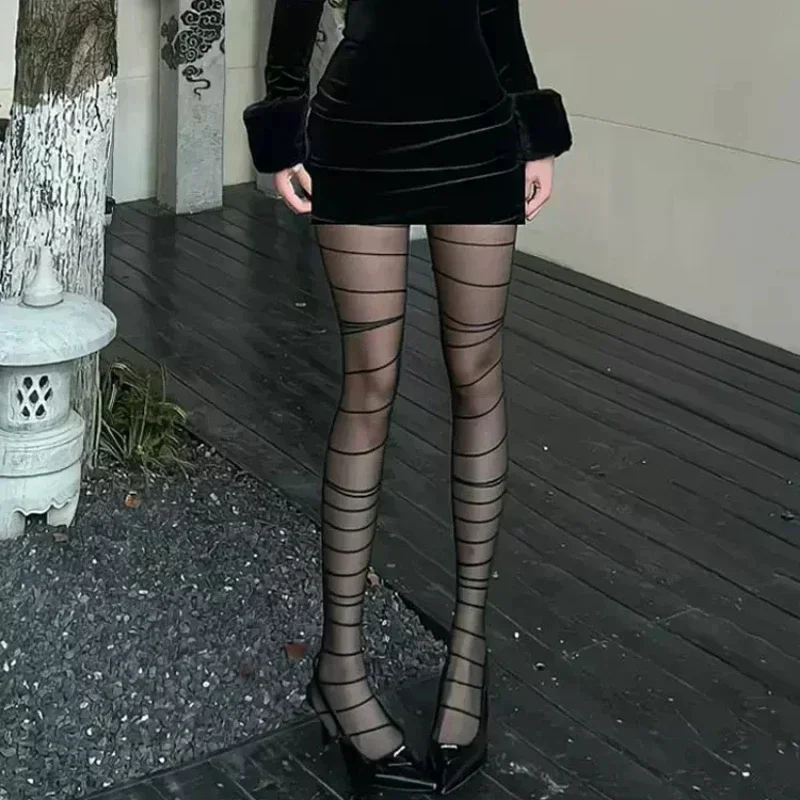 Damen Sexy Unregelmäßige Gestreifte Strumpfhose Lingerie Overknee-Strümpfe Pantyhose Y2k Mädchen Hochgeschnittene Bodystockings Strumpfhose