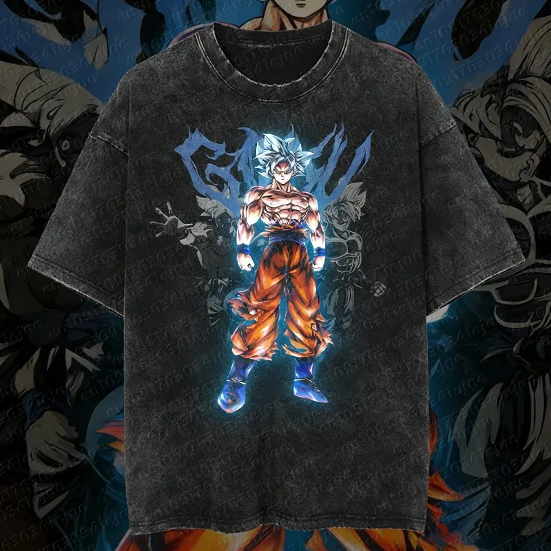 Herren Streetwear T-Shirt Vintage Japanischer Anime Dragon Ball Grafik-T-Shirt Baumwolle Gewaschenes Schwarzes T-Shirt Hip Hop Harajuku Oberteile Tees