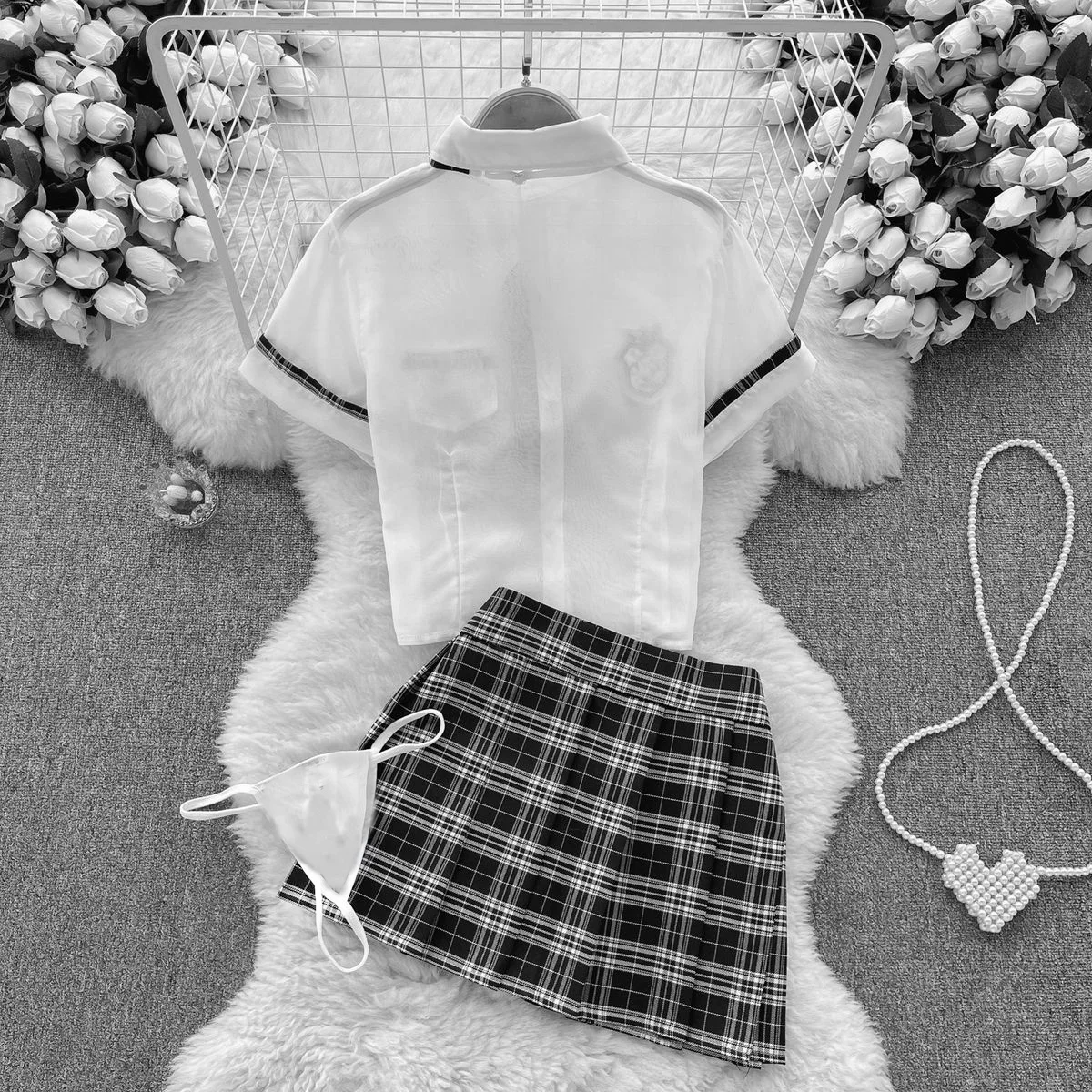 Preppy Chic Sweet Cute Women Uniform Set Transparent Short Sleeve Crop Top With Mini Pleated Plaid Skirt Cosplay Pajama Lingerie