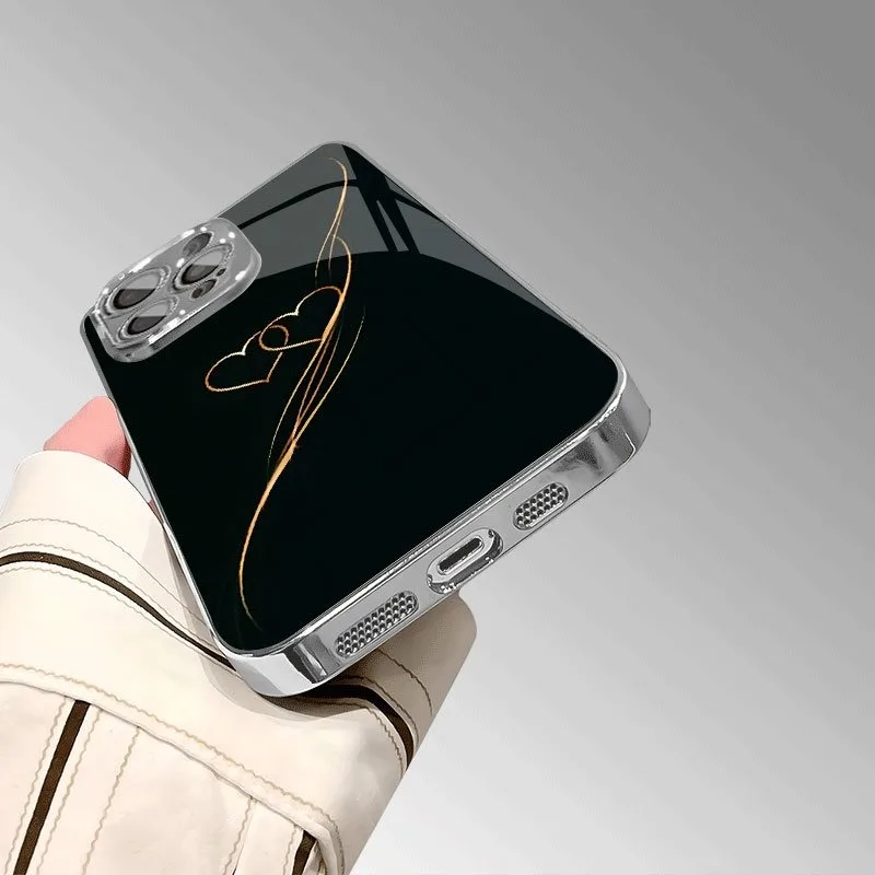 Golden Line Herz-Design, gehärtetes Glas, galvanisierte Handyhülle für iPhone 17, 16, 15, 14, 13, 12, 11, Pro Max Plus 16E 17 Air Cover