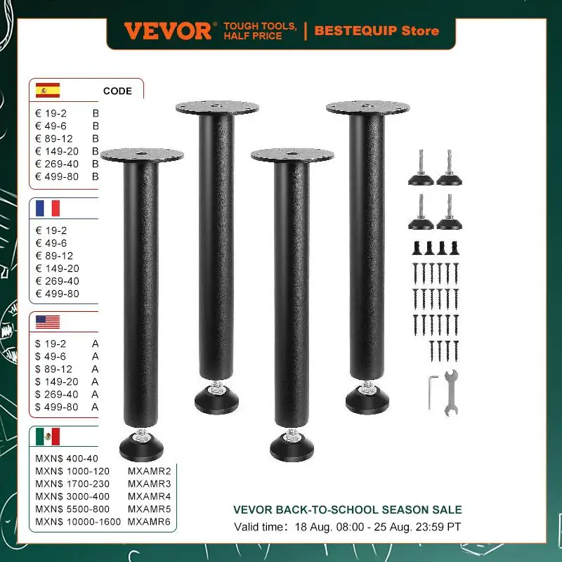 VEVOR 16 Inch Adjustable Desk Legs Reinforced Steel Office Set Of 4 1200 lbs Quick Instalation Legs Black For DIY