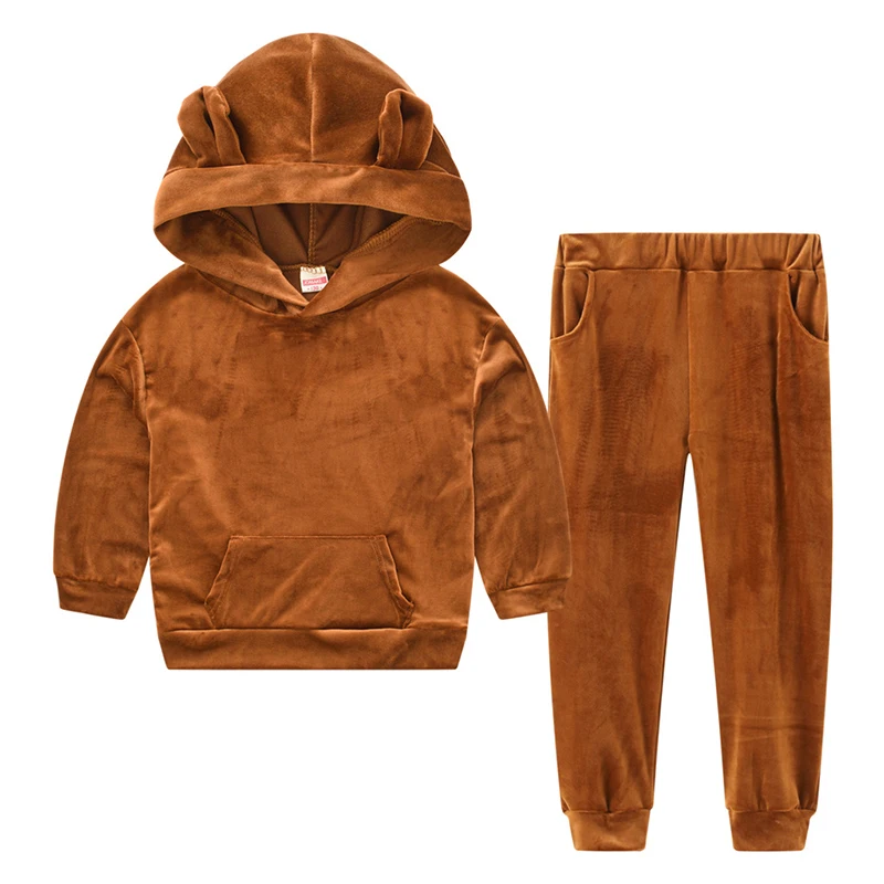 Gold Velvet Baby Girls Clothing Sets Autumn Solid Color Hoodies And Pants 2Pcs Little Princess Suit 2 3 4 5 6 Years Kids Clothes
