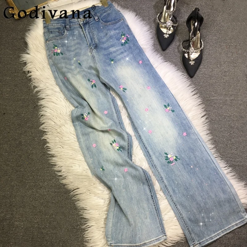 

European Heavy Industry Hot Diamond Chinese Hand-embroidered Jeans Girl Summer New High Waist Elastic Versatile Straight Pants